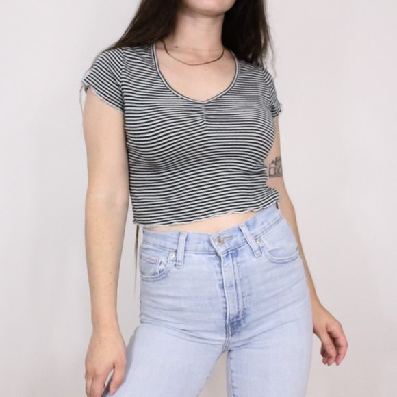 *SWS Essentials Green and Grey Stripped Baby T with Scalloped edges - Picture 4 of 8